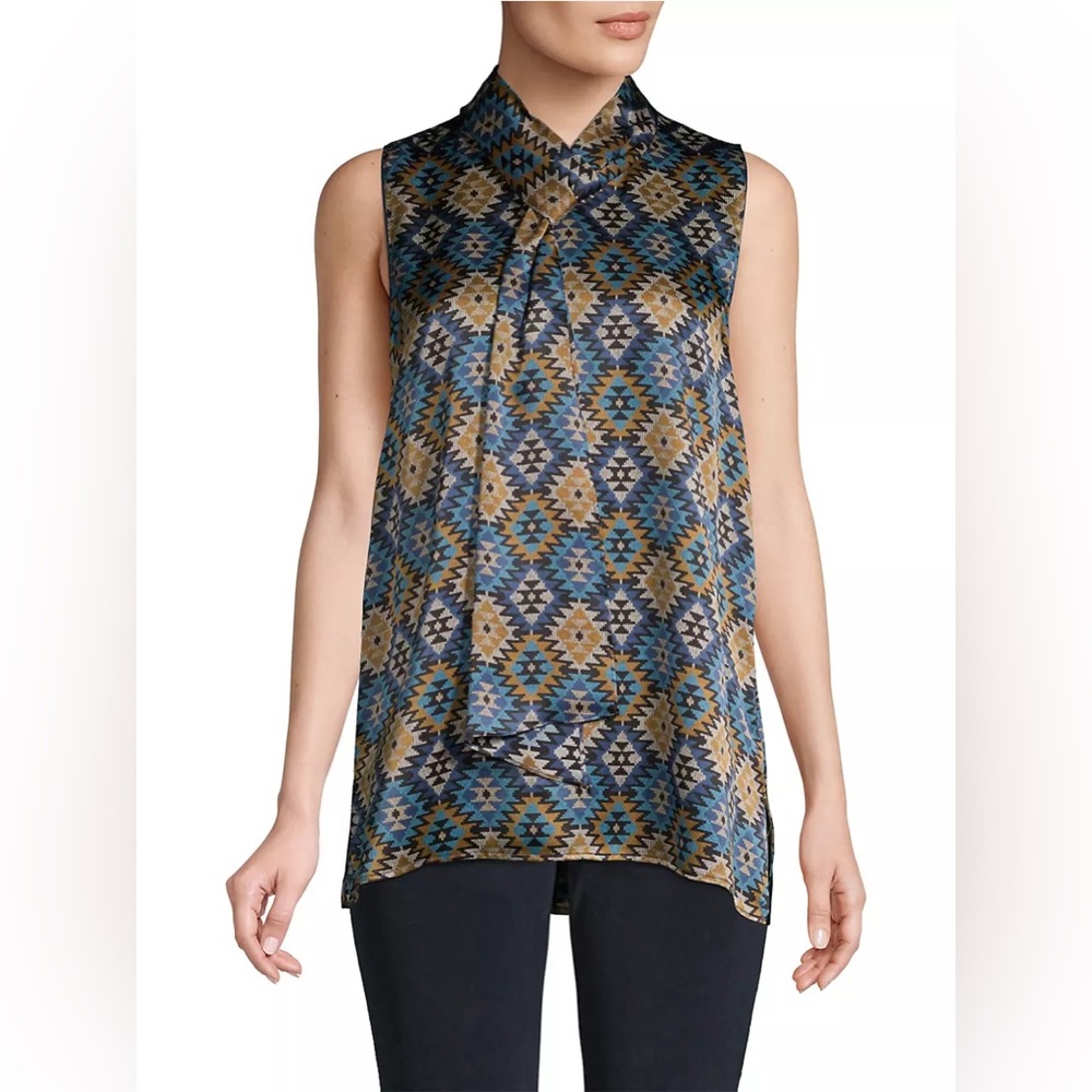 Lafayette 148 Abbie Aztec Artistry Silk Sleeveless Blouse w/ Self-Tie Neck - XS